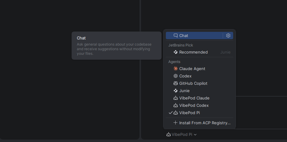 PyCharm agent picker listing VibePod Claude, Codex and Pi