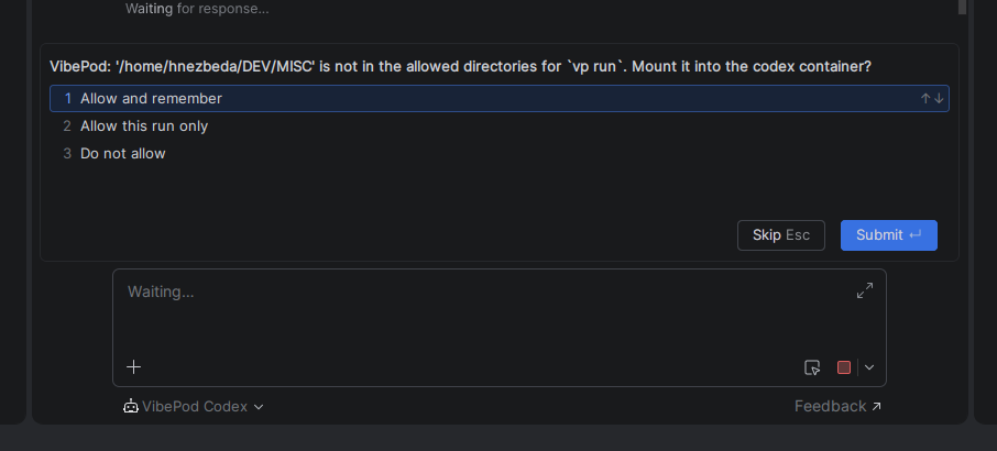 The allow-dir question rendered as a form in PyCharm's chat