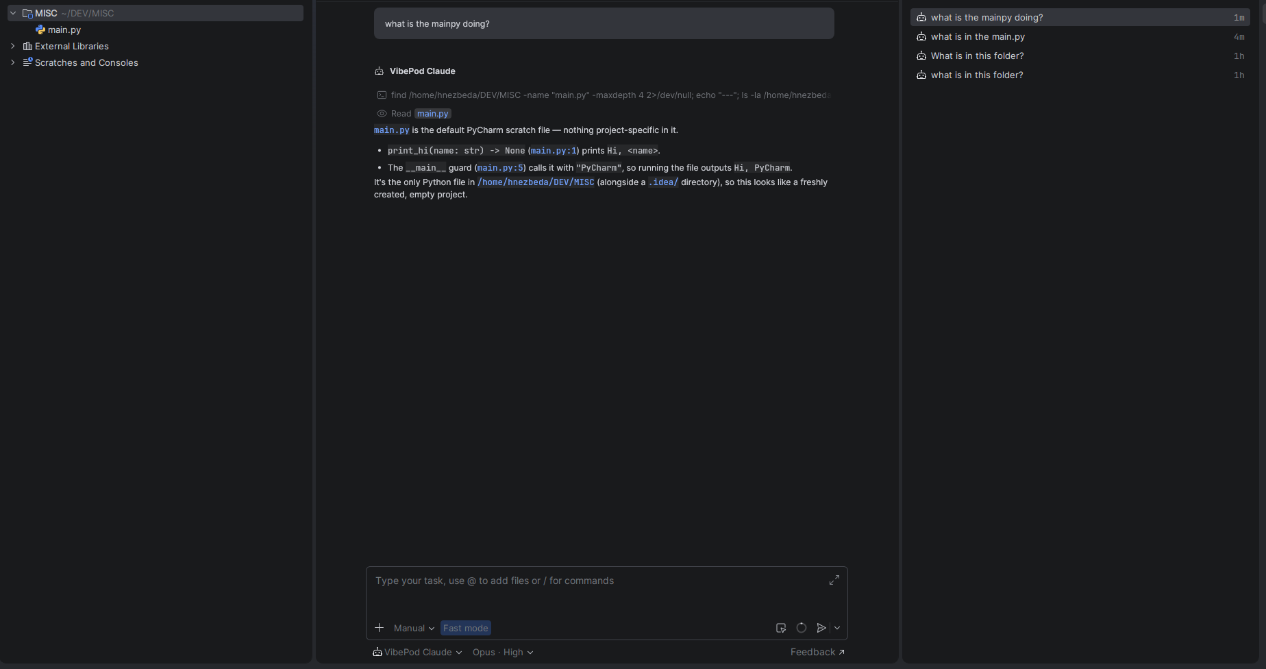 PyCharm's AI panel showing VibePod Claude answering a question about a file in the open project.