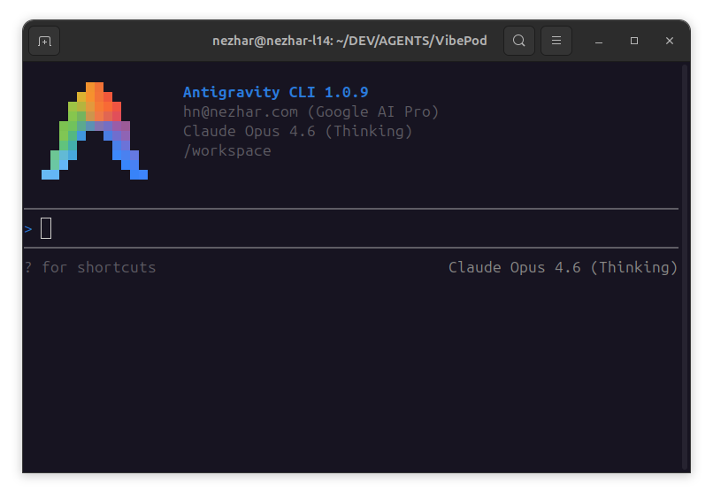 Screenshot of Antigravity CLI running in a VibePod container.