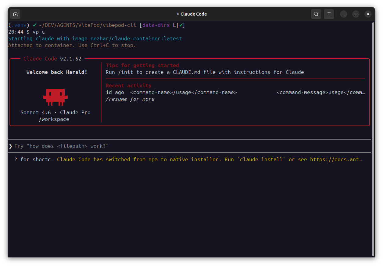 Screenshot of VibePod workflow with Claude Code.