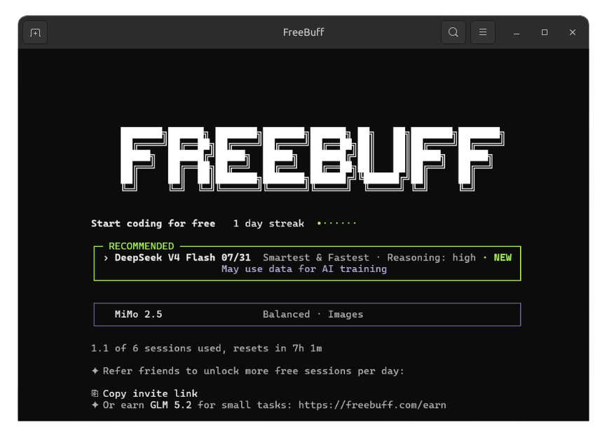 Screenshot of VibePod workflow with Freebuff.