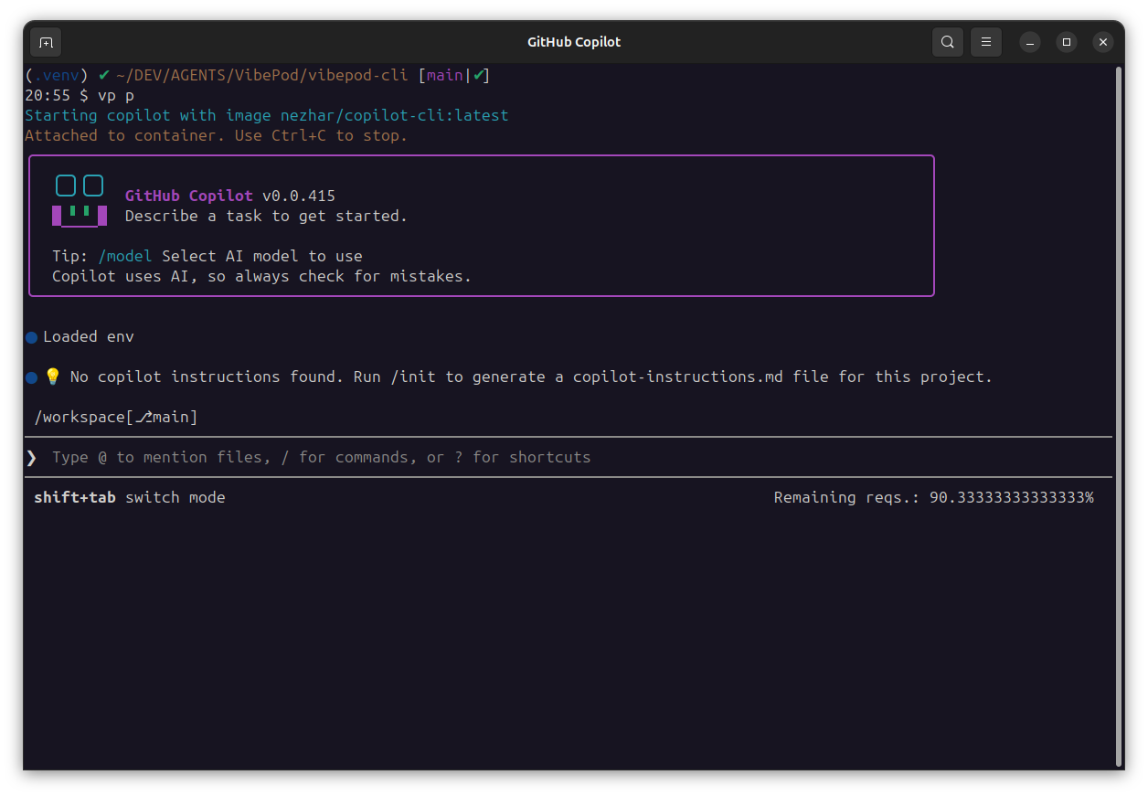 Screenshot of VibePod workflow with GitHub Copilot.
