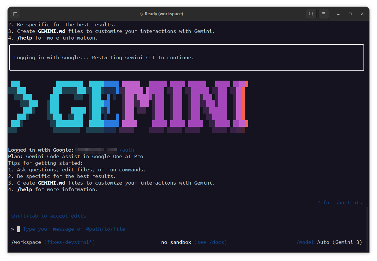 Screenshot of VibePod workflow with Google Gemini.