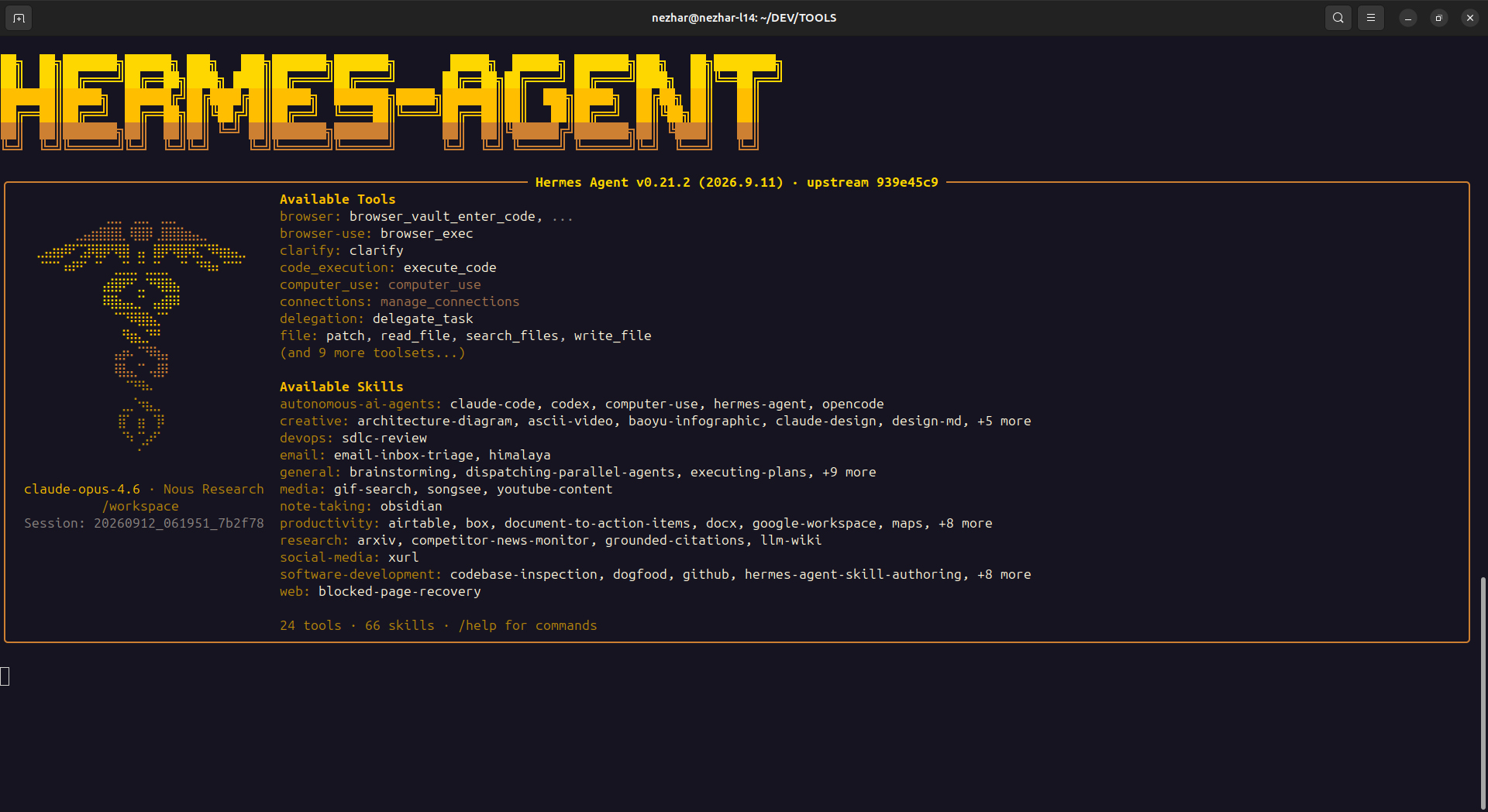 The Hermes Agent banner in a VibePod container, listing its available tools and skills.