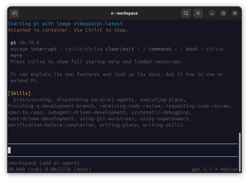 Screenshot of VibePod workflow with Pi Agent.