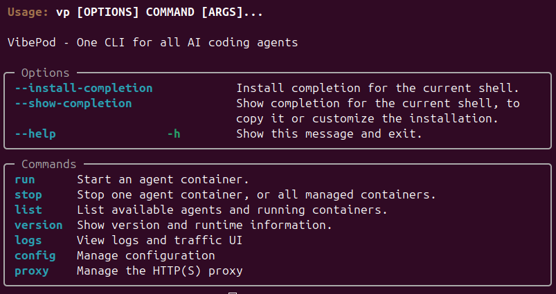 Screenshot of the VibePod CLI tool interface.